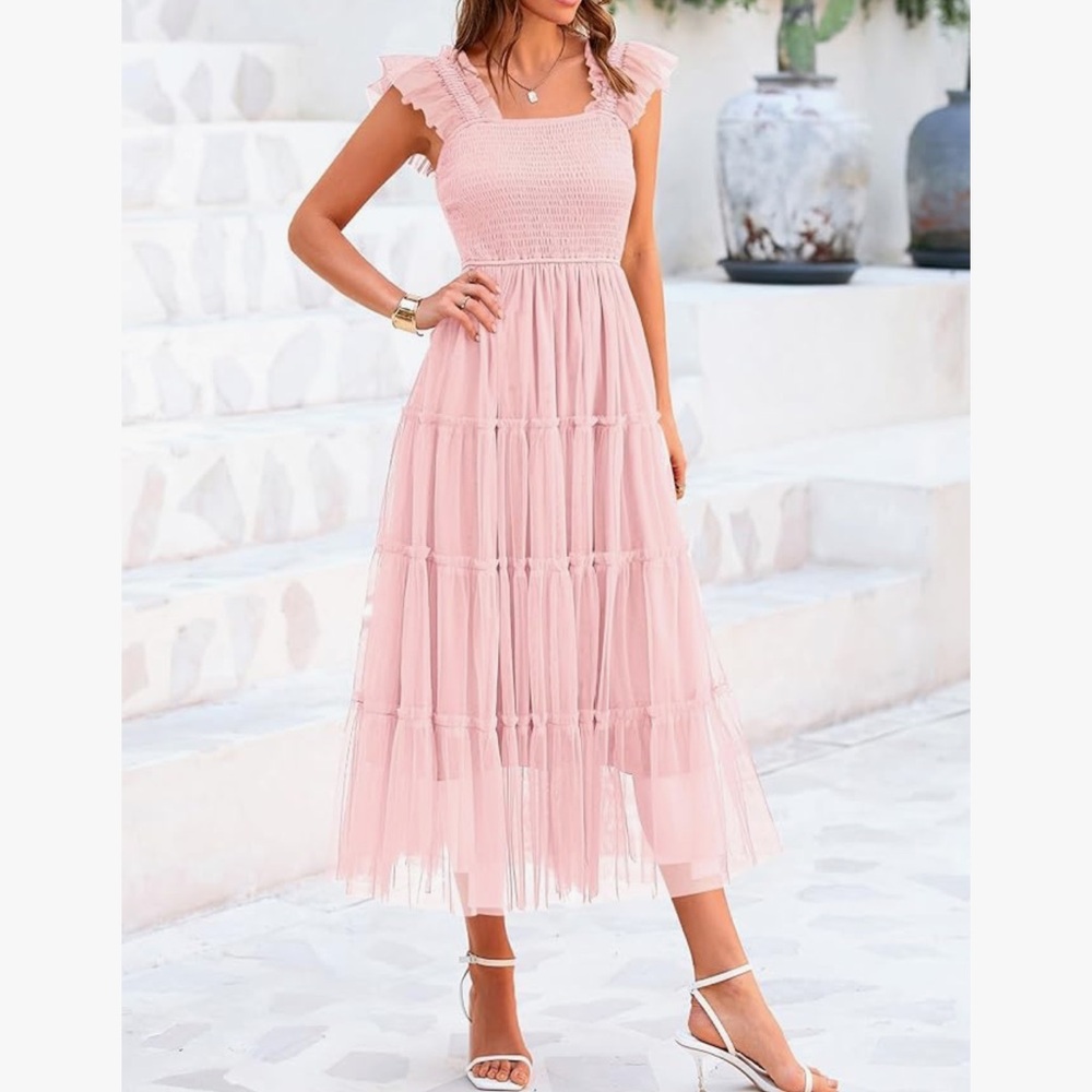 PRETTYGARDEN  Sleeveless Smocked Ruffle Tulle Flowy Beach Sundress